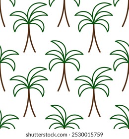 Palm tree. Continuous vector pattern. Isolated colorless background. Cartoon style. Evergreen tropical tree. Exotic plant with mighty trunk and big leaves. Idea for web design.