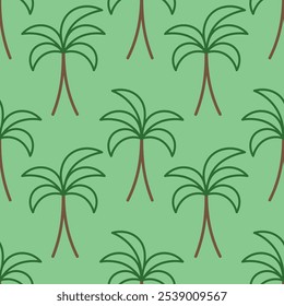 Palm tree. Continuous vector pattern. Isolated green background. Cartoon style. Evergreen tropical tree. Exotic plant with mighty trunk and big leaves. Idea for web design.