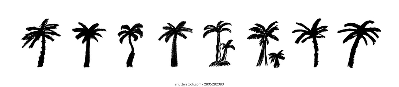 Palm tree crayon sketch icon, coconut palm doodle illustration. Hand drawn tropical island symbol, jungle plant vector drawing, palmtree abstract design