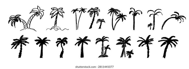 Palm tree crayon sketch icon, coconut palm doodle illustration. Hand drawn tropical island symbol, jungle plant vector drawing, palmtree abstract design
