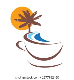 palm tree and cup of coffee, vector icon 