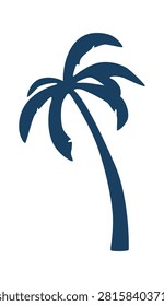 Palm tree with curved trunk and frond silhouette on clean background in bold graphic style. Symbol of vacation, beach vibe, relaxation, and paradise escape. Cartoon vector illustration.