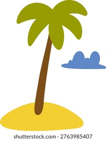 Palm tree with curved trunk on sandy islet and small cloud shape, bold shapes and clean forms. Symbol of vacation, escape, summer getaway, relaxation, and paradise mood. Cartoon vector illustration.