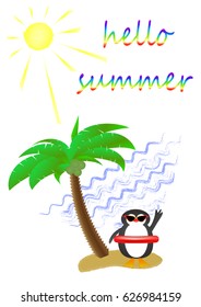 palm tree and a cute penguin wearing sunglasses on a sandy island in the sea, postcard, vertical