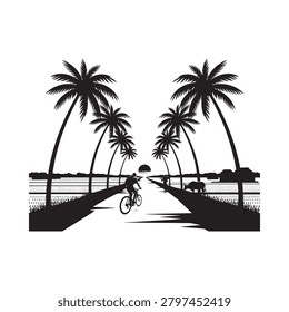 Palm tree and cyclist silhouette against sunset white background illustration