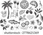 Palm tree, deck chair, champagne, pizza, olives, fish, leaves, fruits. Halftone dot effect.