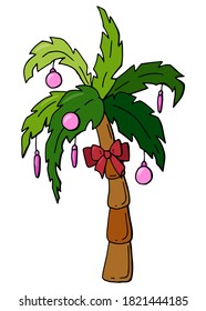 Palm tree decorated with a bow and Christmas balls. New Year. Cartoon style. White background. Stock illustration.