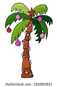 Palm tree decorated with garlands, balls, star. Exotic new year. White background, isolator. Stock illustration. Cartoon style.