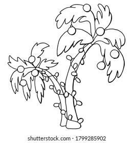 Palm tree decorated with New Year's garlands. Coloring book for kids and adults. Line art. White background, isolator. Stock illustration.