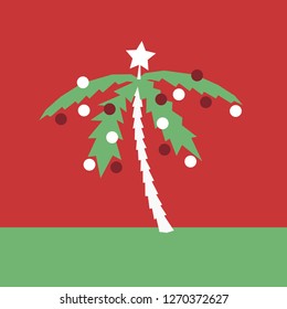 Palm tree as decorated tropic christmas tree - decorated plant for xmas. Branches are ornamented and adorned by bauble and star. Red background. Vector illustration