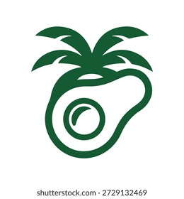 La palmera está representada en un color verde oscuro, con sus frondas extendiéndose hacia afuera en un patrón simétrico. El tronco de la palmera se espiral hacia adentro, transformándose en la forma de un aguacate cortado a la mitad. El aguacate se muestra con una Grande piedra en el centro, manteniendo el mismo color verde oscuro que el árbol. Esta fusión creativa de una palmera y un aguacate simboliza una mezcla de Elementos tropicales y culinarios, evocando una sensación de frescura y belleza natural.