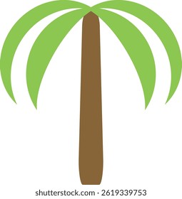 A palm tree is depicted in a minimalist flat style with a brown trunk and simple green fronds.  The tropical plant is presented as a basic symbol of summer and vacation. Cartoon vector illustration