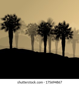 Palm tree desert oasis forest silhouettes wild nature landscape background illustration vector