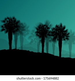 Palm tree desert oasis forest silhouettes wild nature landscape background illustration vector