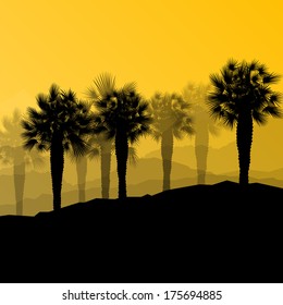 Palm tree desert oasis forest silhouettes wild nature landscape background illustration vector