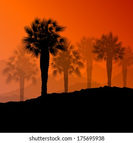 Palm tree desert oasis forest silhouettes wild nature landscape background illustration vector