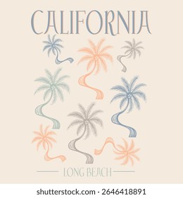 palm tree design. tropical print design. hand drawn palm Leaves background. summer t shirt design. California long beach typography graphics