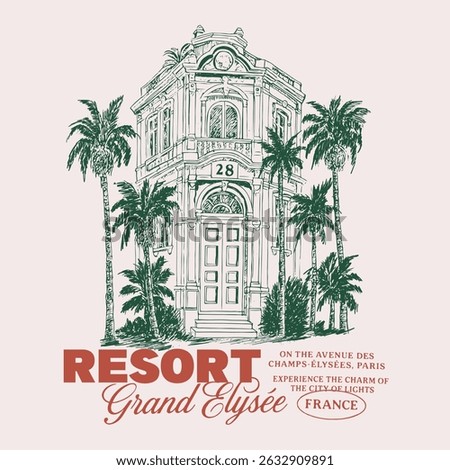 palm tree detach resort. summer beach resort graphic. hand drawn make resort. tropical print design in vector. summer t-shirt design.