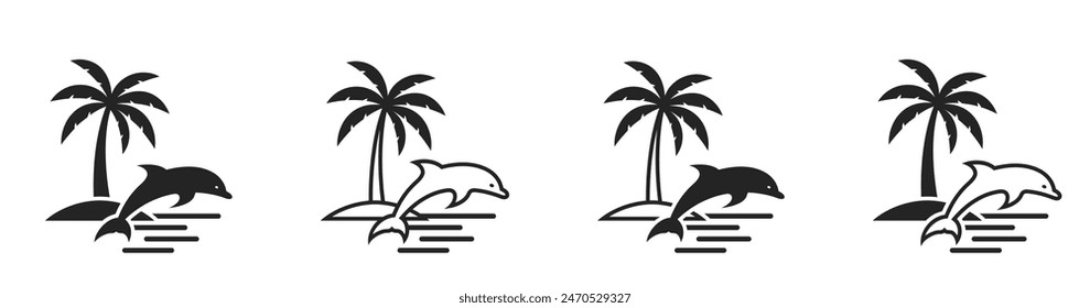 conjunto de iconos de palmeras y delfines. vacaciones exóticas y de verano. Imágenes vectoriales aisladas para el diseño turístico