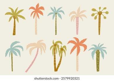 Palm Tree Doodle Boho Set. Tropic Coconut Tree Collection Clipart. Bohemian Vector Isolated Illustration