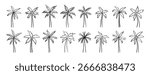 palm tree doodle hand drawn icon set. Outline drawing palm tree line clipart symbol collection. Vector illustration