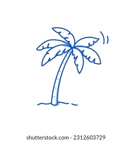 Palm tree doodle. Hand drawn sketch doodle style palm tree. Blue pen line stroke isolated element. Summer flora, jungle concept. Vector illustration.