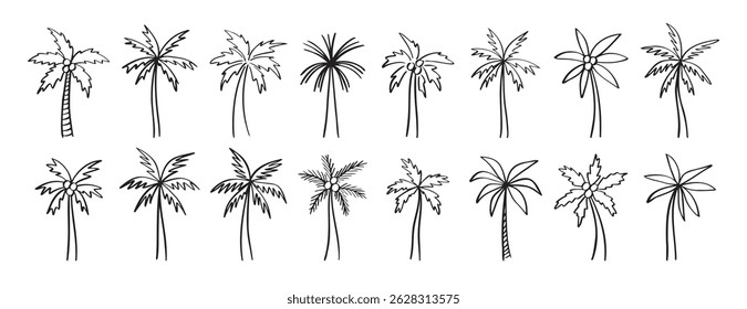 palm tree doodle ícone desenhado à mão conjunto. Coleção de símbolos de clipart da linha da palma do desenho do contorno. Ilustração vetorial