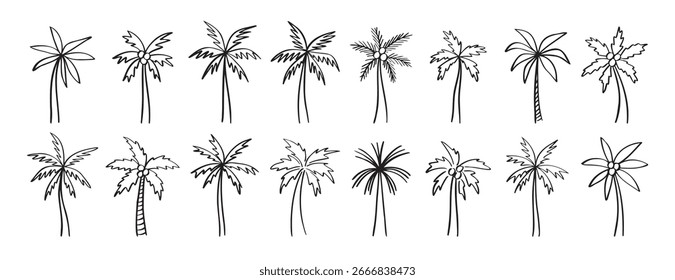palm tree doodle ícone desenhado à mão conjunto. Coleção de símbolos de clipart da linha da palma do desenho do contorno. Ilustração vetorial
