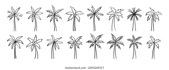 handgezeichnetes Palmendoodle-Symbol. Kollektion von Symbolen für die Skizzierung von Palmlinien-Cliparts in Umrissform. Vektorgrafik