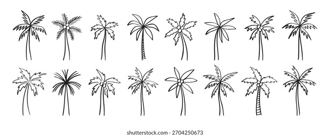 palm tree doodle ícone desenhado à mão conjunto. Coleção de símbolos de clipart da linha da palma do desenho do contorno. Ilustração vetorial