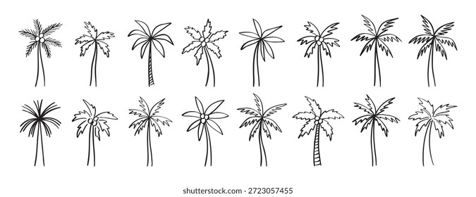 palm tree doodle ícone desenhado à mão conjunto. Coleção de símbolos de clipart da linha da palma do desenho do contorno. Ilustração vetorial