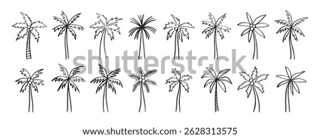 palm tree doodle hand drawn icon set. Outline drawing palm tree line clipart symbol collection. Vector illustration