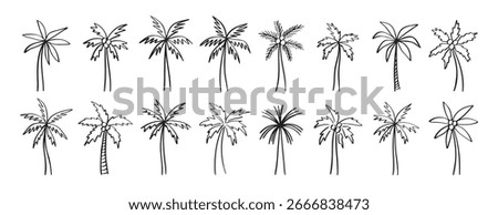 palm tree doodle hand drawn icon set. Outline drawing palm tree line clipart symbol collection. Vector illustration