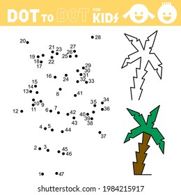 Palm Tree. Dot To Dot Games For Kids. Connect The Numbers And Drawing. Spring, Summer. Coloring Page. Book. Puzzle Activity Worksheet. Sketch Vector Illustration.