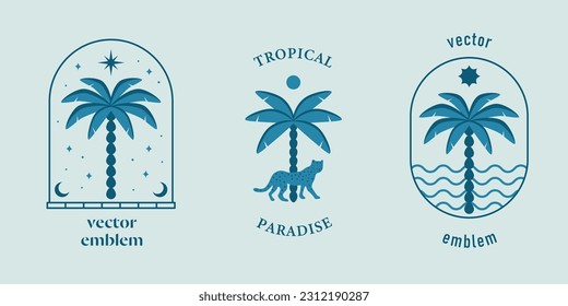 Palm tree emblem design template, Vector exotic illustration set.