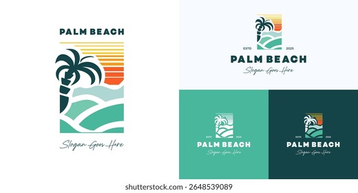 Palm tree emblem with ocean waves, logo icon design vector illustration, Symbol warm sunset in beach with retro aesthetic tropical vibe for tourism, vacation, travel and brand identity business