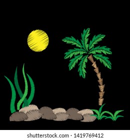 Palm tree embroidery stitches imitation on black background. Embroidery vector illustration with exotic palm tree. Vector isolated palm embroidery illustration.