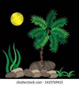 Palm tree embroidery stitches imitation on black background. Embroidery vector illustration with exotic palm tree. Vector isolated palm embroidery illustration.