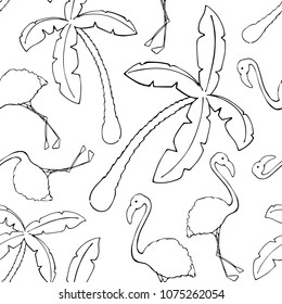 Palm tree and flamingo bird black and white seamless vector pattern. Tropical summer pattern tile. Black line coco palm tree and flamingo silhouette. Outlined seamless pattern for coloring