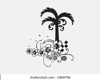 palmera con elementos florales sobre fondo blanco, ilustración