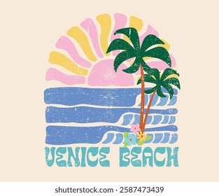 Palm tree with flower. Surf club design. Beach modern abstract art. Ocean abstract wave. Here come the sun. Summer vibes artwork. Sunshine paradise graphic print design. Enjoy beach life.