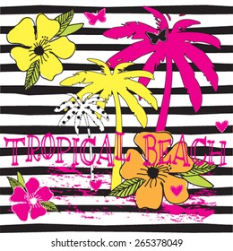 palm tree with flowers and butterfly, tropical beach, T-shirt design, striped background vector illustration
