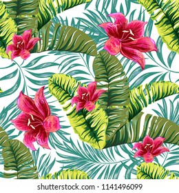 Palm tree with flowers. Seamless pattern from tropical plant leaves. Jungle. Vector background.