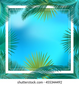 Palm tree frame. Palm tree leaves. Tropical sea beach. Photo Frame. Holiday Palm tree summer background. Brazil carnival summer frame. Kids camp. 2023 Brazil beach. Palm leaves Tropical Vector Vintage