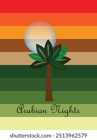 Palm tree with full gradient moon, Arabian nights, gradient moon design, multi color background, Design for banner, poster and print. Vector illustration