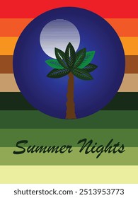 Palm tree em lua cheia, noites de verão, design de lua gradiente, fundo multi cor, Design para banner, cartaz e impressão. Ilustração vetorial