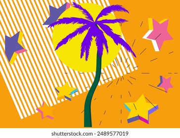 Palm Tree geometrical graphic retro theme background. Minimal geometric elements. Vintage abstract shapes vector illustration.