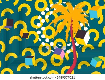 Palm Tree geometrical graphic retro theme background. Minimal geometric elements. Vintage abstract shapes vector illustration.