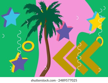 Palm Tree geometrical graphic retro theme background. Minimal geometric elements. Vintage abstract shapes vector illustration.