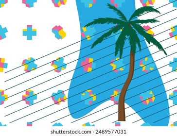 Palm Tree geometrical graphic retro theme background. Minimal geometric elements. Vintage abstract shapes vector illustration.